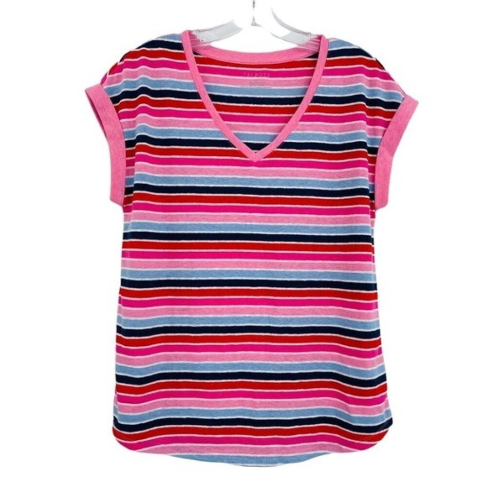 Talbots Linen Blend Stripe V Neck Boxy Top Women XS Pink Multicolor Preppy Retro